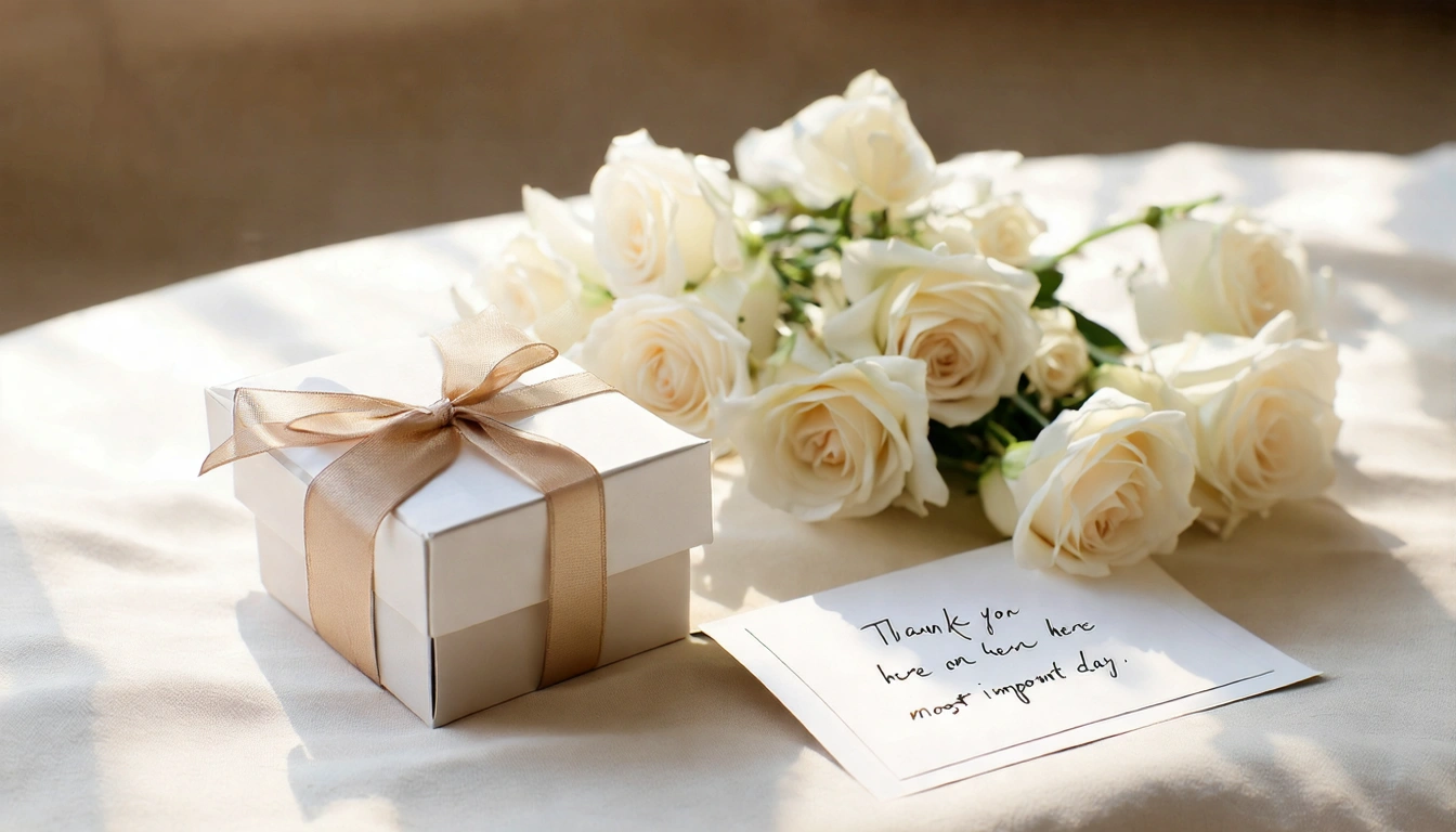 婚禮場景,兩個精裝台灣茶禮盒放在白色桌巾上,旁邊有白色玫瑰花,一張手寫卡片「感謝你出現在我們最重要的一天」,暖白光線