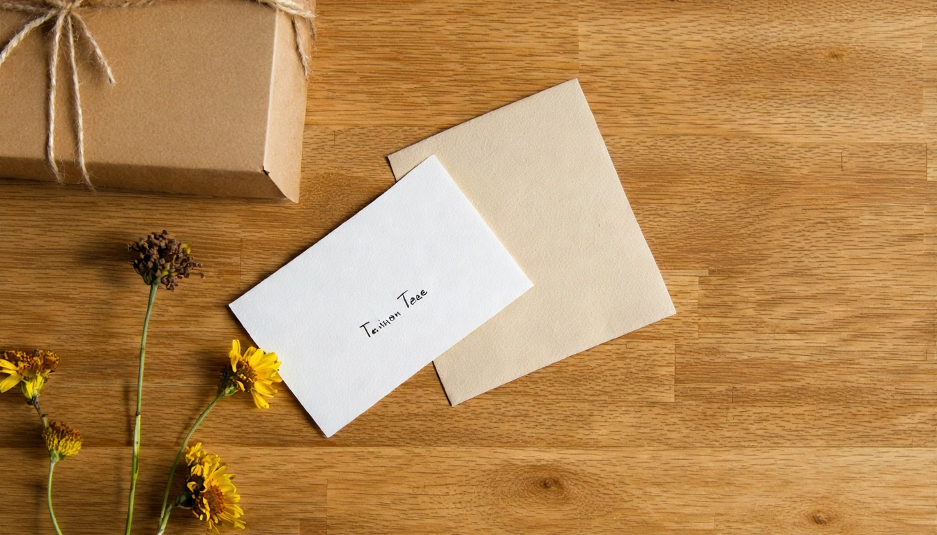 俯視角,木質桌面上精裝台灣茶禮盒旁放著一張手寫卡片、一個質感信封、幾朵乾燥花,代表精心包裝的里程碑禮物