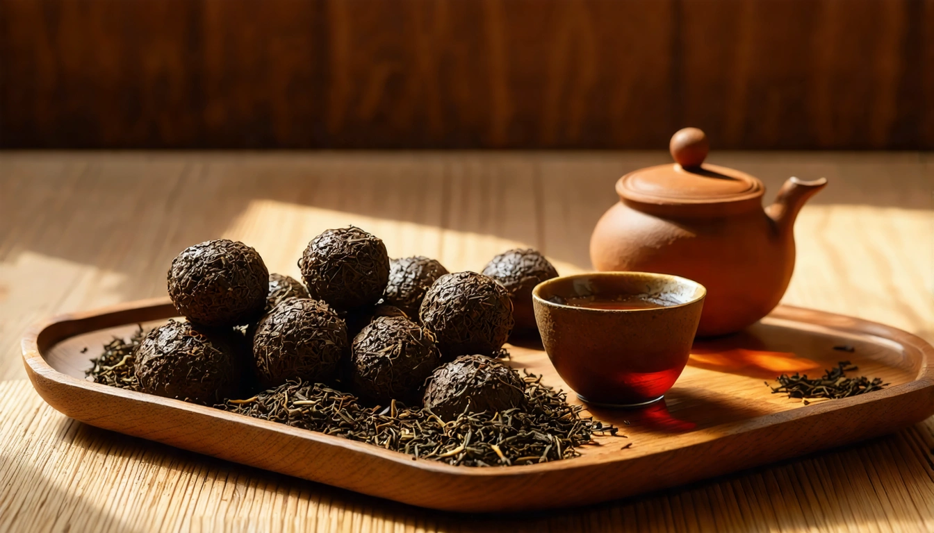 凍頂烏龍茶葉特寫，深褐色球型茶葉在木質茶盤上，旁邊是沖泡後的橙金色茶湯，展現凍頂烏龍的傳統風味