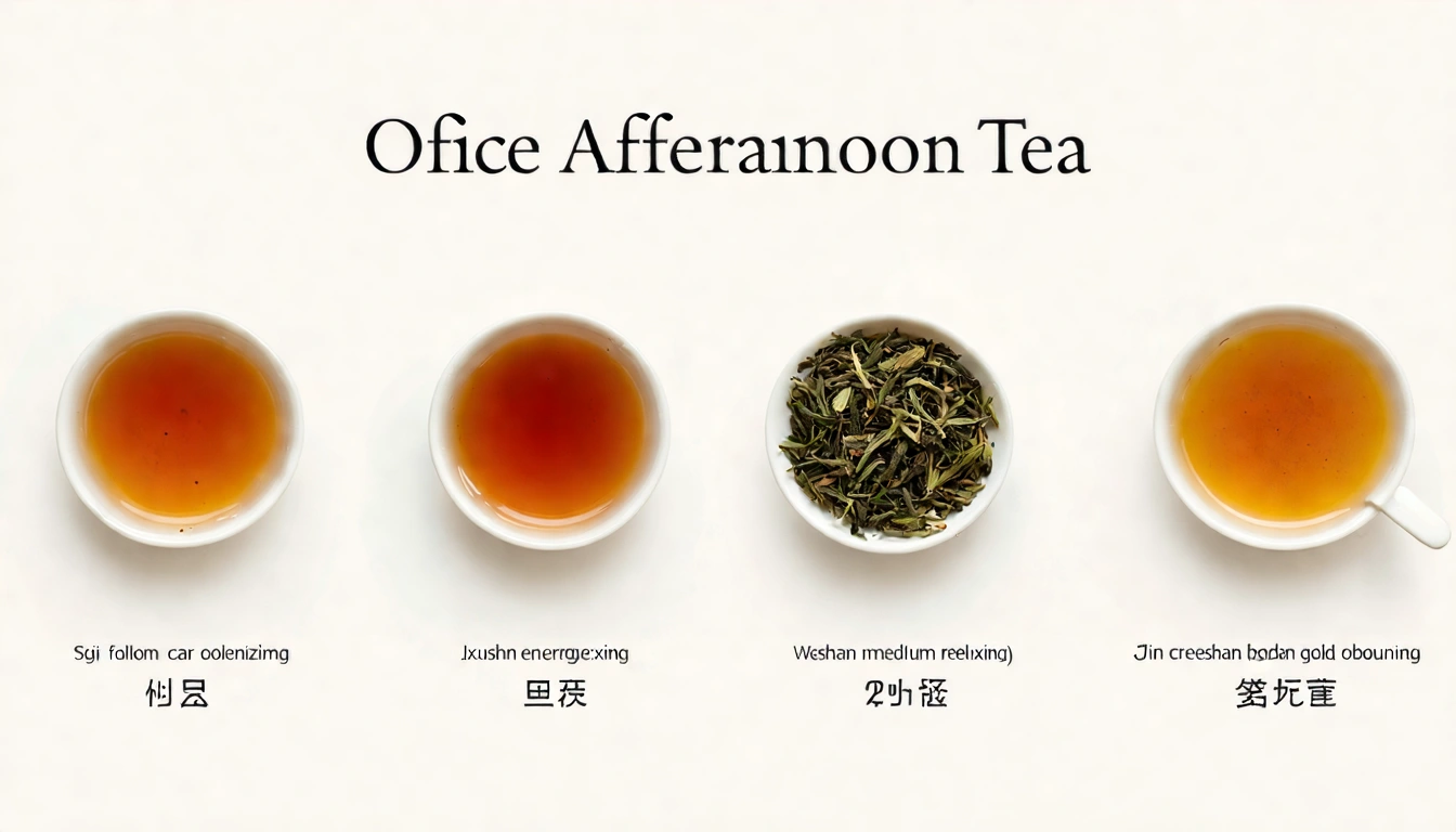 辦公室下午茶四種茶款比較,從左至右:四季春(提神清香)、高山烏龍(專注首選)、金萱茶(放鬆奶香)、文山包種茶(下午後低咖啡因),各茶湯顏色不同,適用時段標示清楚