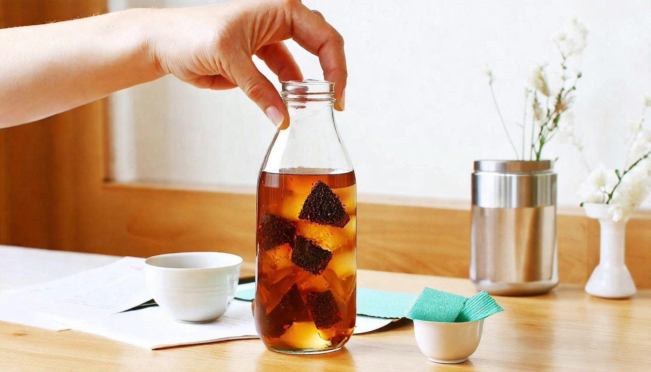 辦公室冷泡茶備茶場景,清晨進辦公室時將 4-5 個金萱茶包放入透明水瓶,加常溫水準備放入冰箱,下午就能享用完美冷泡台灣茶