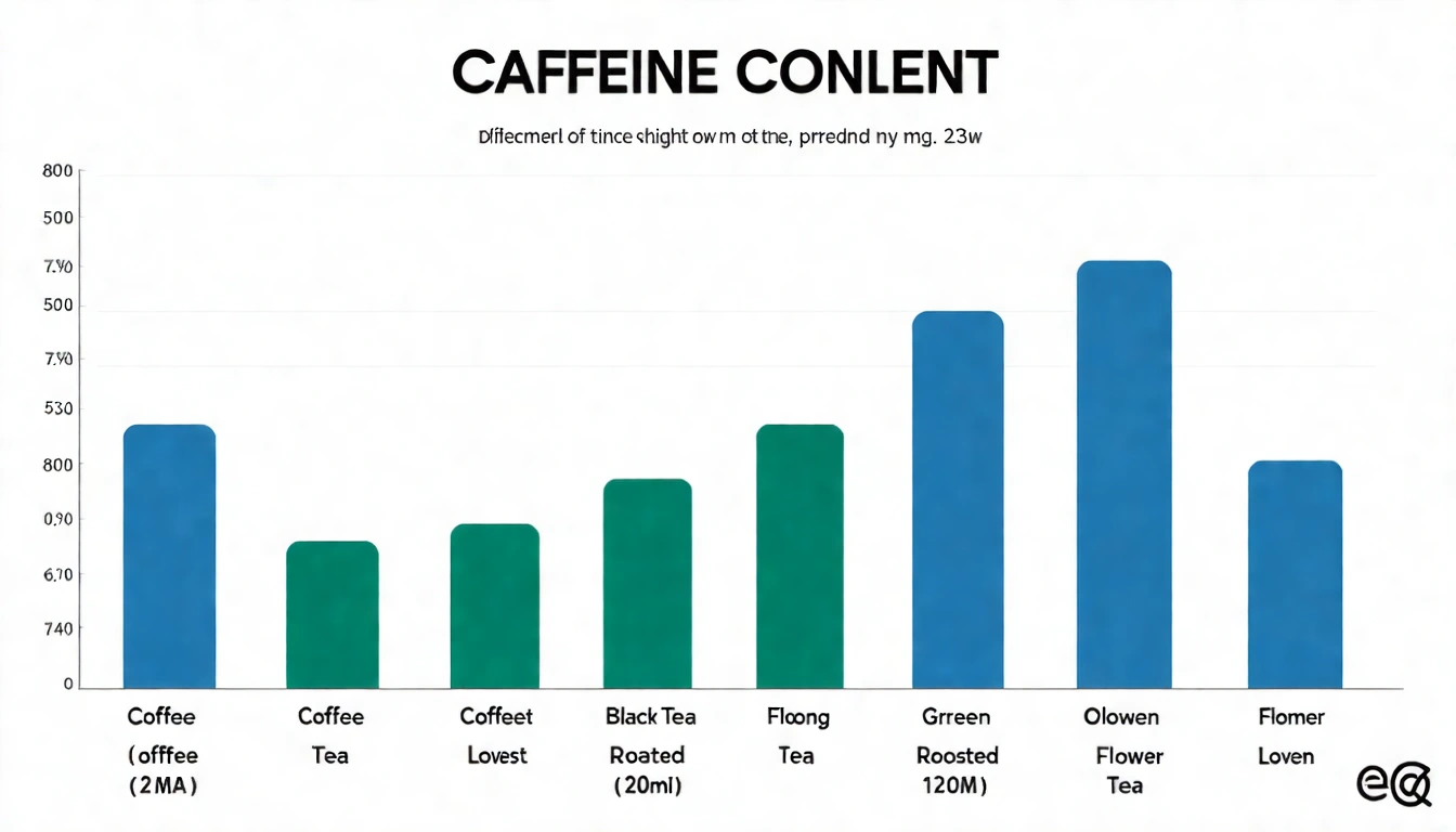 橫向長條圖比較各類飲品咖啡因含量：咖啡（最高）vs 各類台灣茶（依序排列）vs 花茶（最低），清楚標示數字，辦公室健康飲食風格