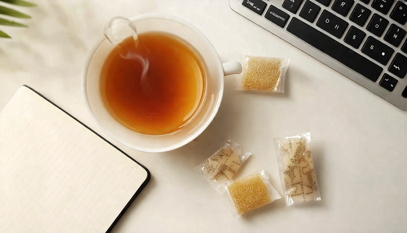 俯視角辦公桌局部特寫，一杯金黃色烏龍茶、幾包茶研所茶包整齊擺放、一本筆記本、電腦鍵盤邊角可見，自然採光，現代簡約辦公室風格