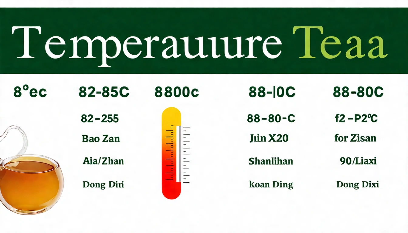 烏龍茶水溫對照圖:溫度計圖示搭配各茶款,從82°C的包種茶到92°C的梨山高山烏龍,展示不同茶款的最佳沖泡水溫範圍,清晰的視覺化水溫指南