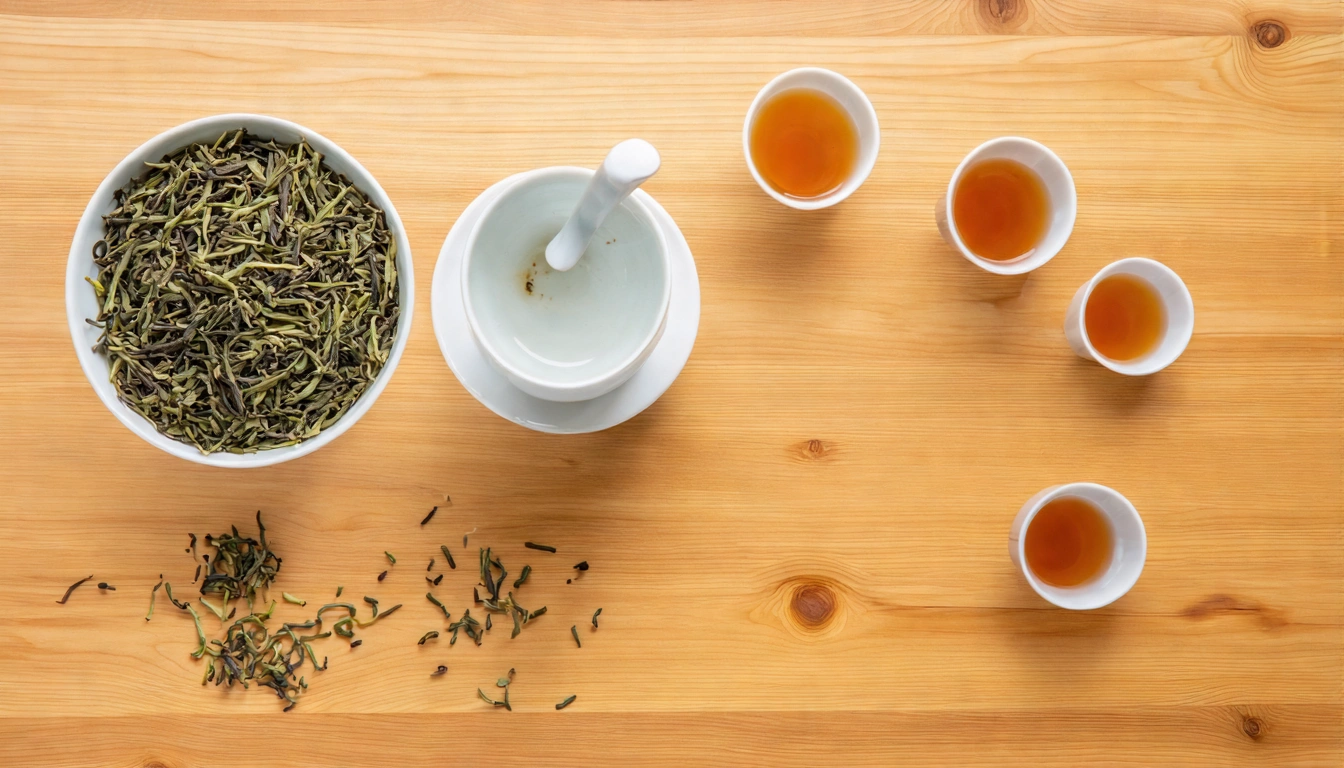 俯視角的烏龍茶沖泡情境:木質茶桌上擺著蓋碗、公道杯、2-3個小茶杯,旁邊有散開的台灣高山烏龍茶葉,一壺剛泡好的金黃色茶湯,清晨自然光線打入,傳遞品茗儀式感