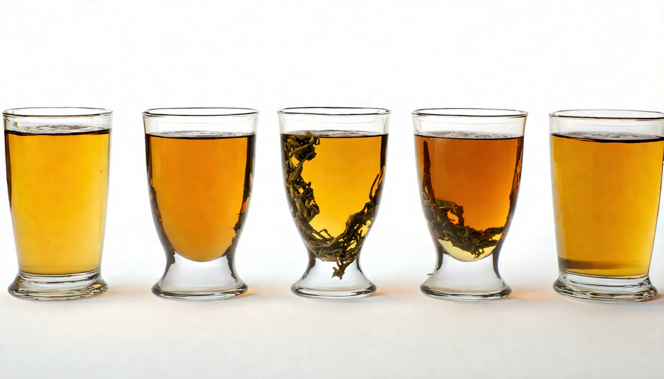 五款台灣主要烏龍茶的美麗展示:阿里山清香烏龍(金黃茶湯)、杉林溪烏龍(淡金色)、貴妃烏龍(橙金蜜色)、四季春(淡黃清透)、東方美人(深金色),五杯並排對比