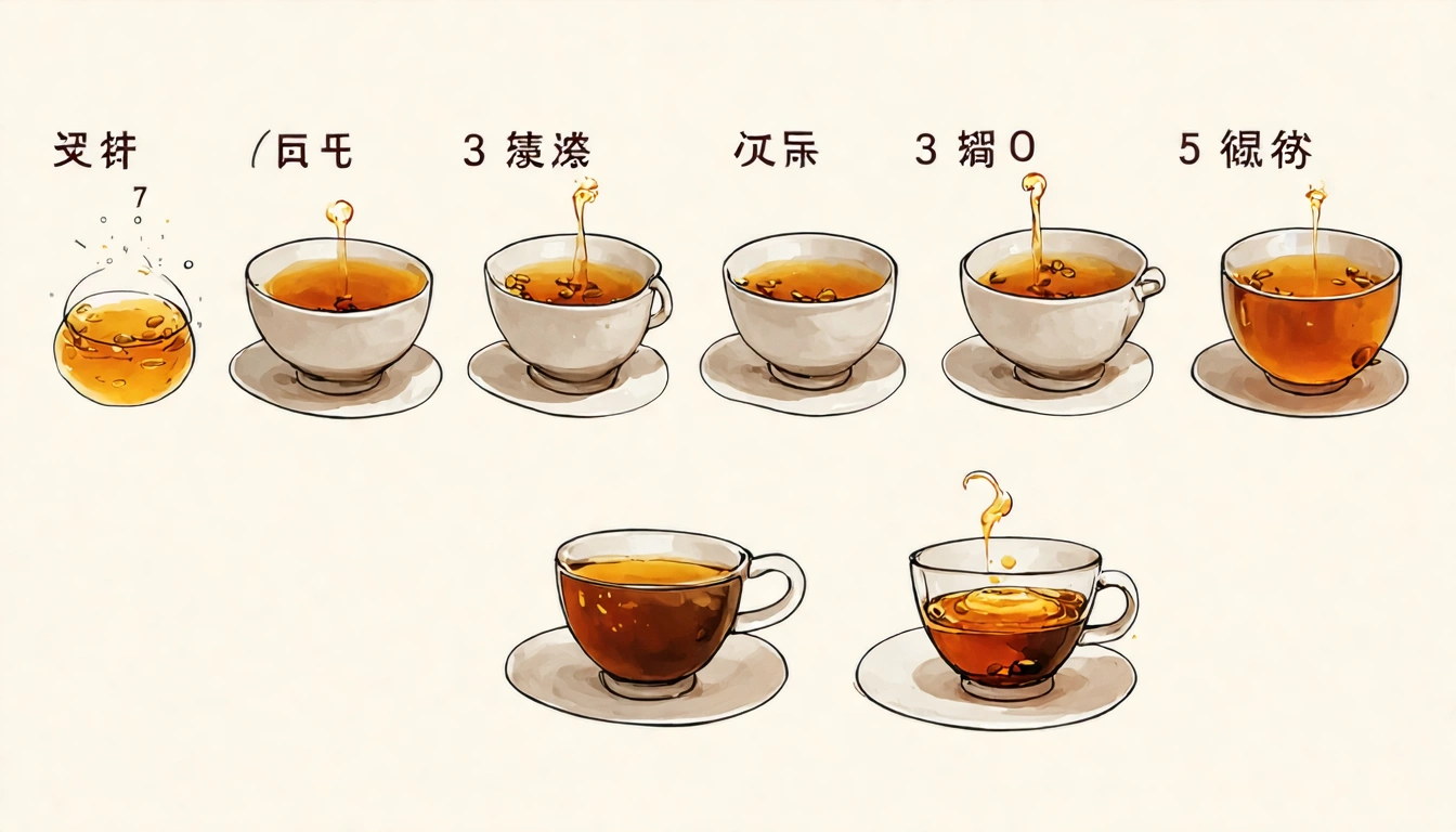 烏龍茶熱泡步驟圖解:溫杯→投茶→注水→悶泡→出湯,五個步驟的美觀排列,展示正確的沖泡動作和茶湯的金黃色澤