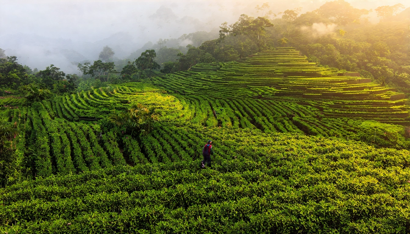 台灣高山茶園的壯麗全景:阿里山海拔1500米的茶山梯田,晨霧繚繞,茶農在採摘春茶,金色晨光打在嫩綠茶葉上,展現台灣高山烏龍茶的頂級產地環境