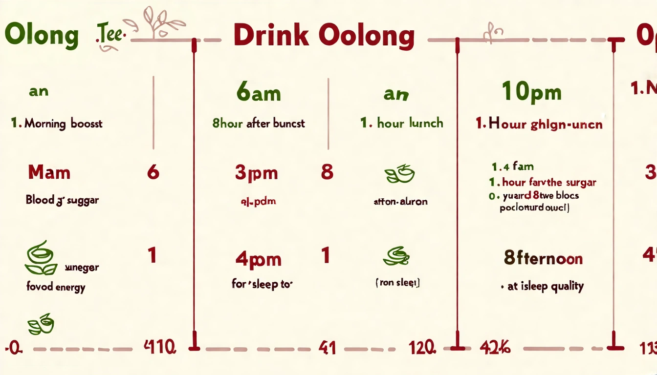 烏龍茶最佳飲用時機示意圖:時間軸從早上6點到晚上10點,標示早上8點(提神)、飯後1小時(血糖調節)、下午3-4點(提神不影響睡眠)為最佳時機,晚上8點後為避免時段
