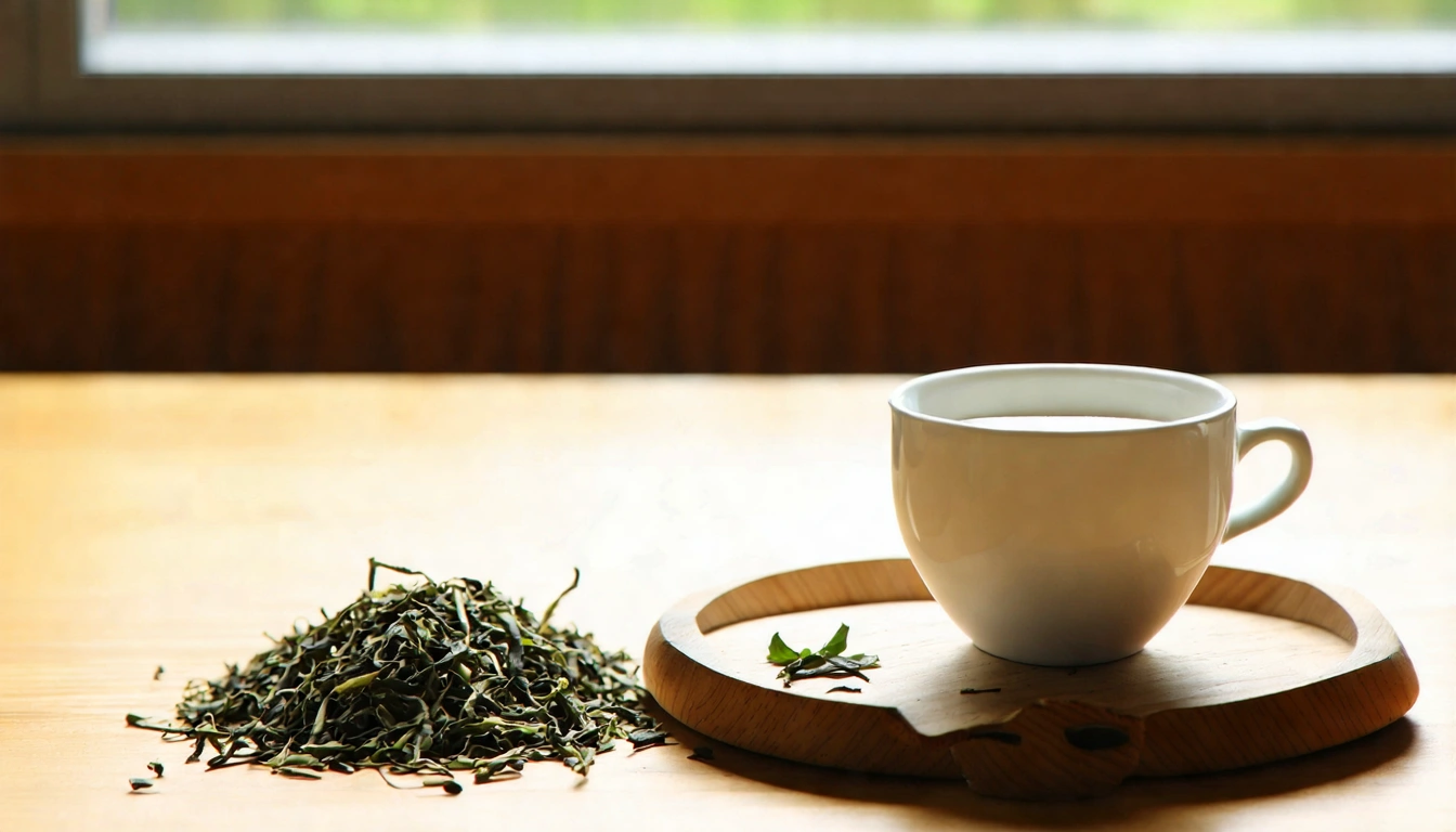 一杯台灣高山烏龍茶放在木質茶盤上,旁邊有一些乾燥茶葉展示,背景是清晨窗邊自然光,傳遞健康生活方式的清新氛圍