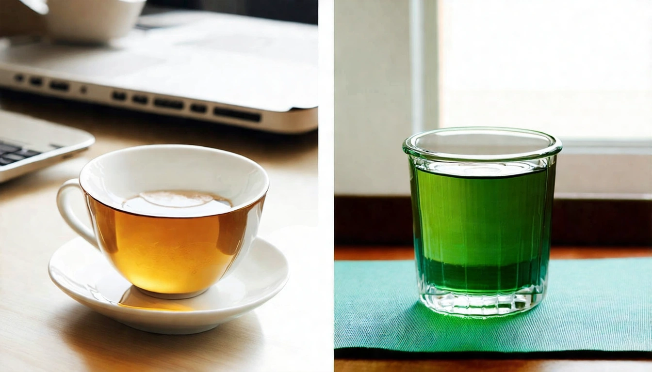 烏龍茶和綠茶在不同生活場合的場景對比:上方是辦公室桌上的金黃烏龍茶(下午茶時光),下方是晨間瑜伽墊旁的深綠色綠茶(清晨提神),展現兩種茶適合的不同時刻