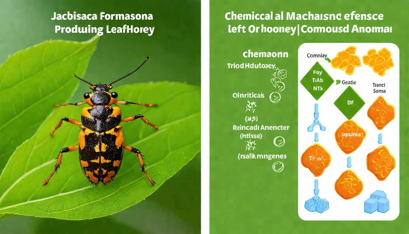 小綠葉蟬咬傷茶葉機制示意圖，左側顯示微小的小綠葉蟬在茶葉上，右側顯示蟲咬後茶葉防禦反應和蜜香形成的流程圖，科學教育風格