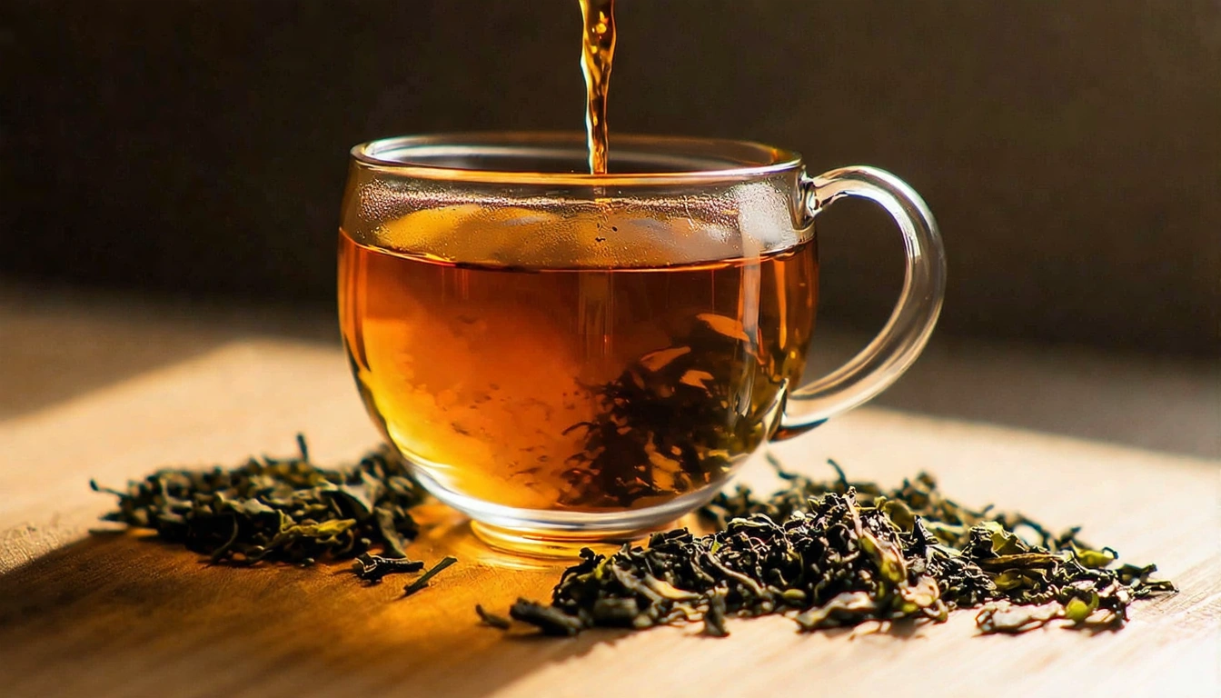 東方美人茶沖泡後的深琥珀蜜黃茶湯，在陽光下呈現漂亮的透明感，旁邊散落幾片五色茶葉，展示這款傳奇茶款的視覺美感與高貴氣質