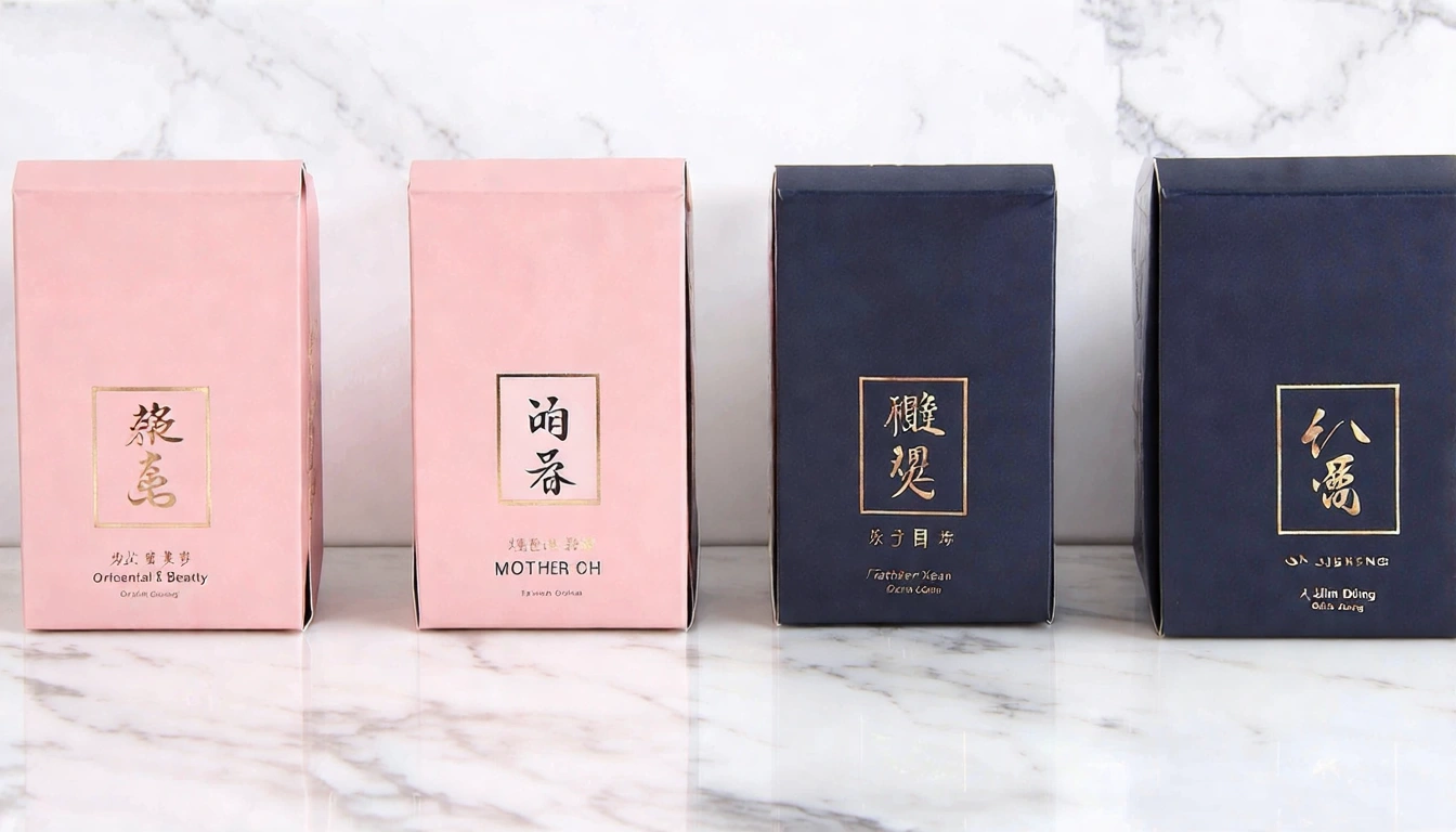 兩排台灣茶禮盒並排,左側三盒粉色系精裝禮盒(母親節款:東方美人、金萱),右側三盒深色系精裝禮盒(父親節款:凍頂烏龍、阿里山),白色大理石背景,自然光線