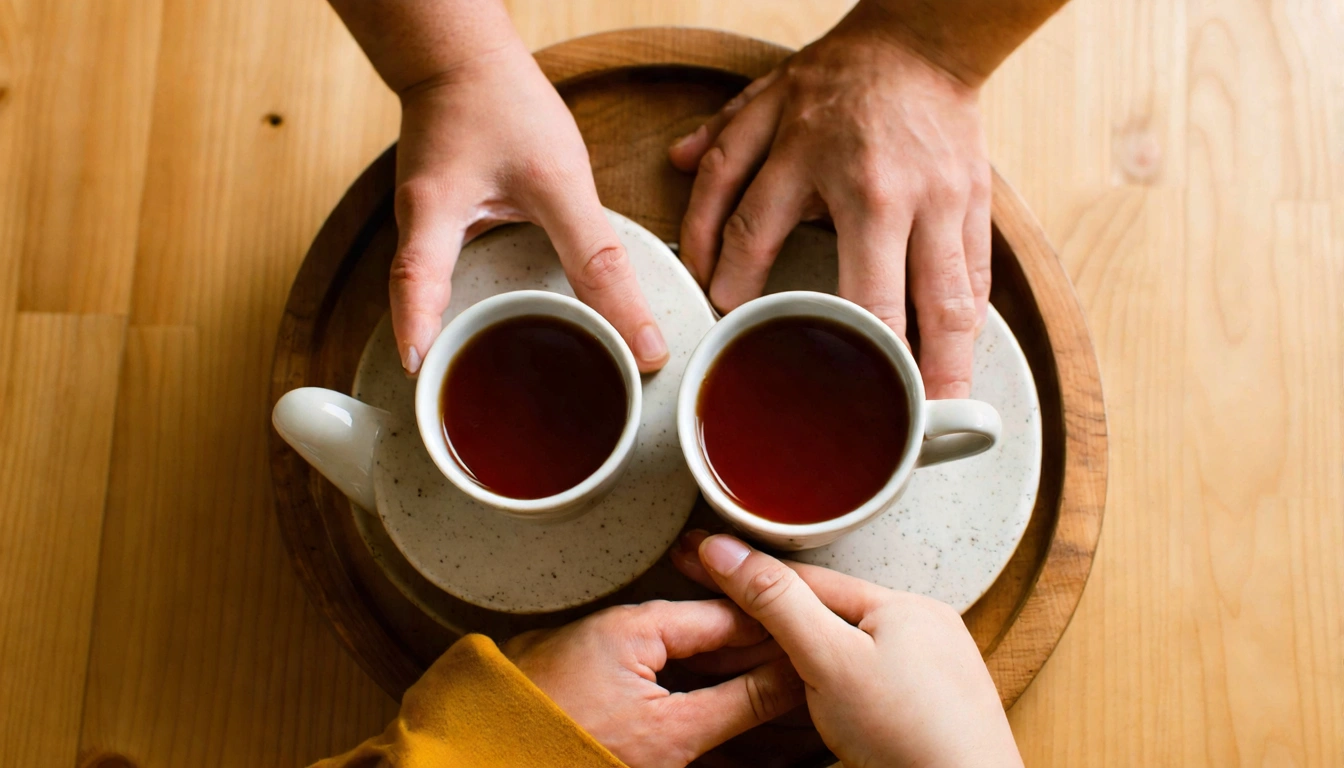 俯視角的親子泡茶場景,木質茶盤上擺著茶壺與兩個茶杯,手部特寫(子女的手與爸媽的手一起捧著茶杯),溫暖室內光線,情感溫馨