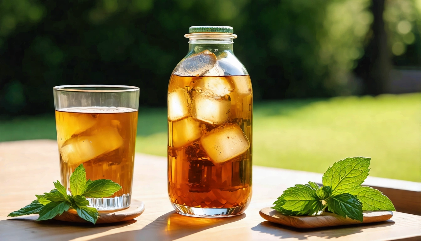 夏天冷泡茶場景,玻璃瓶裝的四季春冷泡清透金黃,搭配冰塊和薄荷葉,在明亮的夏日陽光下顯得清涼消暑