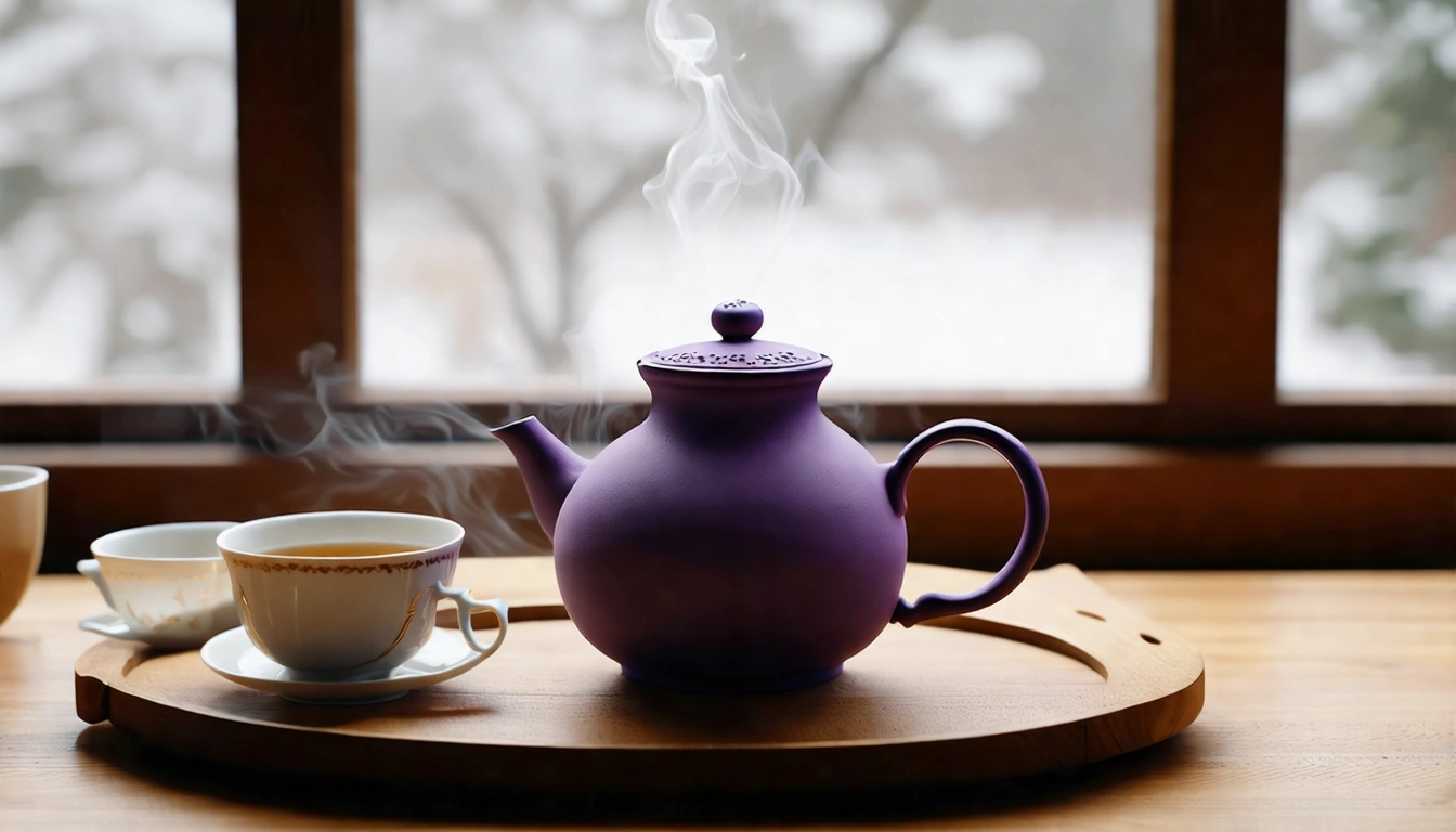 冬天品茶暖身場景,紫砂茶壺和白瓷茶杯盛著金黃烏龍冬茶,茶盤旁放著熱氣蒸騰的梨山冬茶,窗外可見陰冷冬景,室內溫暖燈光,儀式感滿滿