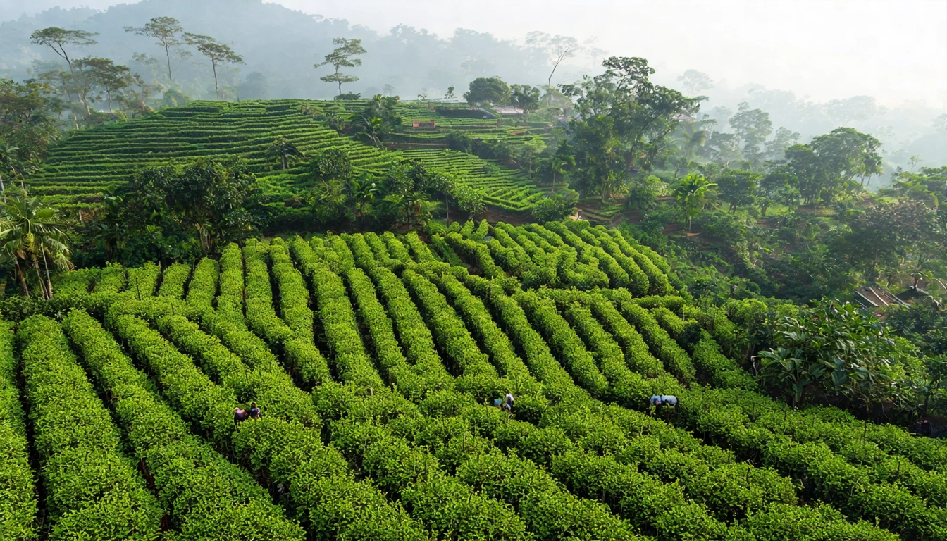 Aerial view of a Sijichun tea garden, tea farmers harvesting fresh buds in Nantou County, lush green fields showcasing Taiwan's oolong tea agricultural ecosystem