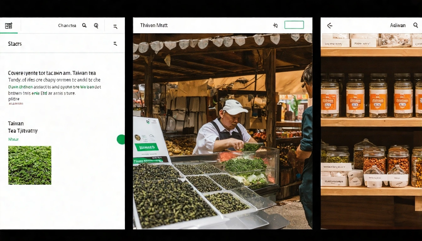 購買管道比較情境圖,左側展示品牌官網購茶介面(筆電螢幕),右側展示農夫市集茶農現場,中間展示實體茶行試茶場景