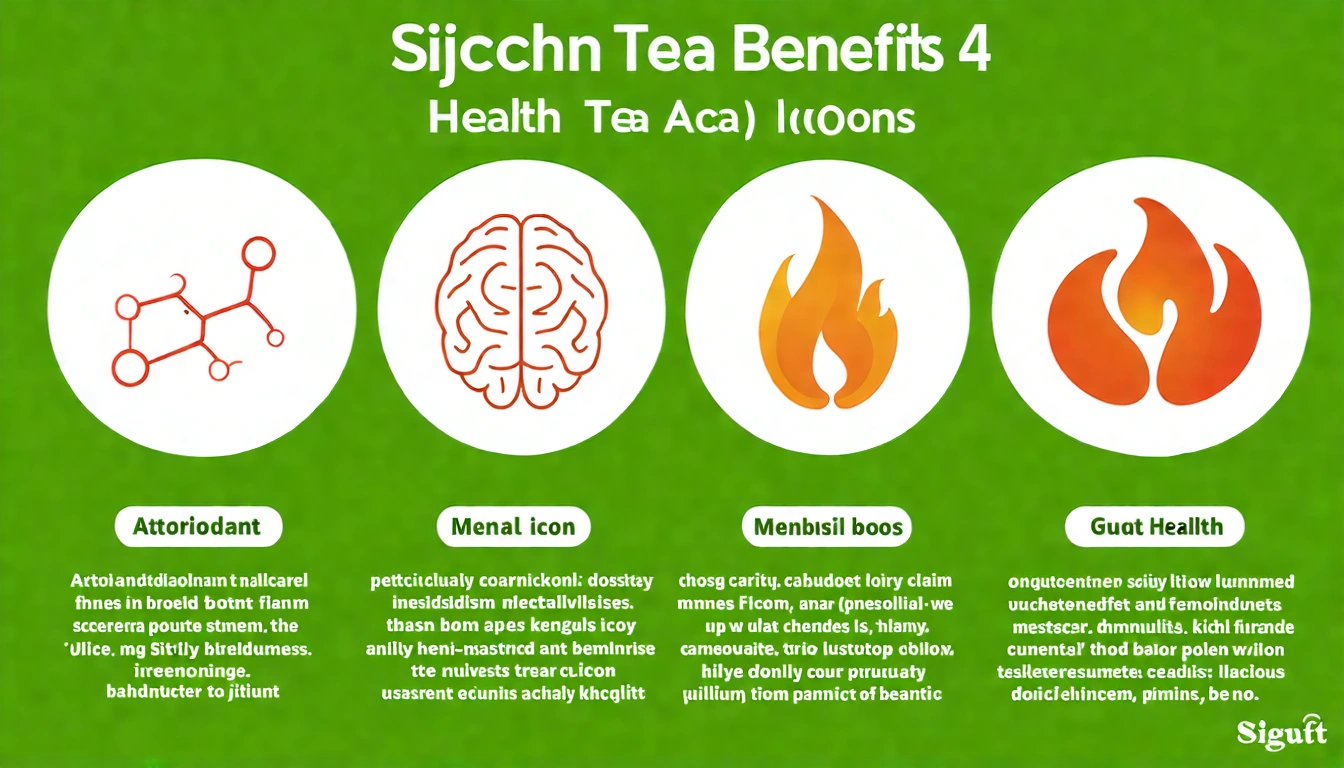 Sijichun tea 4 benefits infographic with four circle icons representing antioxidant, mental clarity, metabolism boost, and gut health