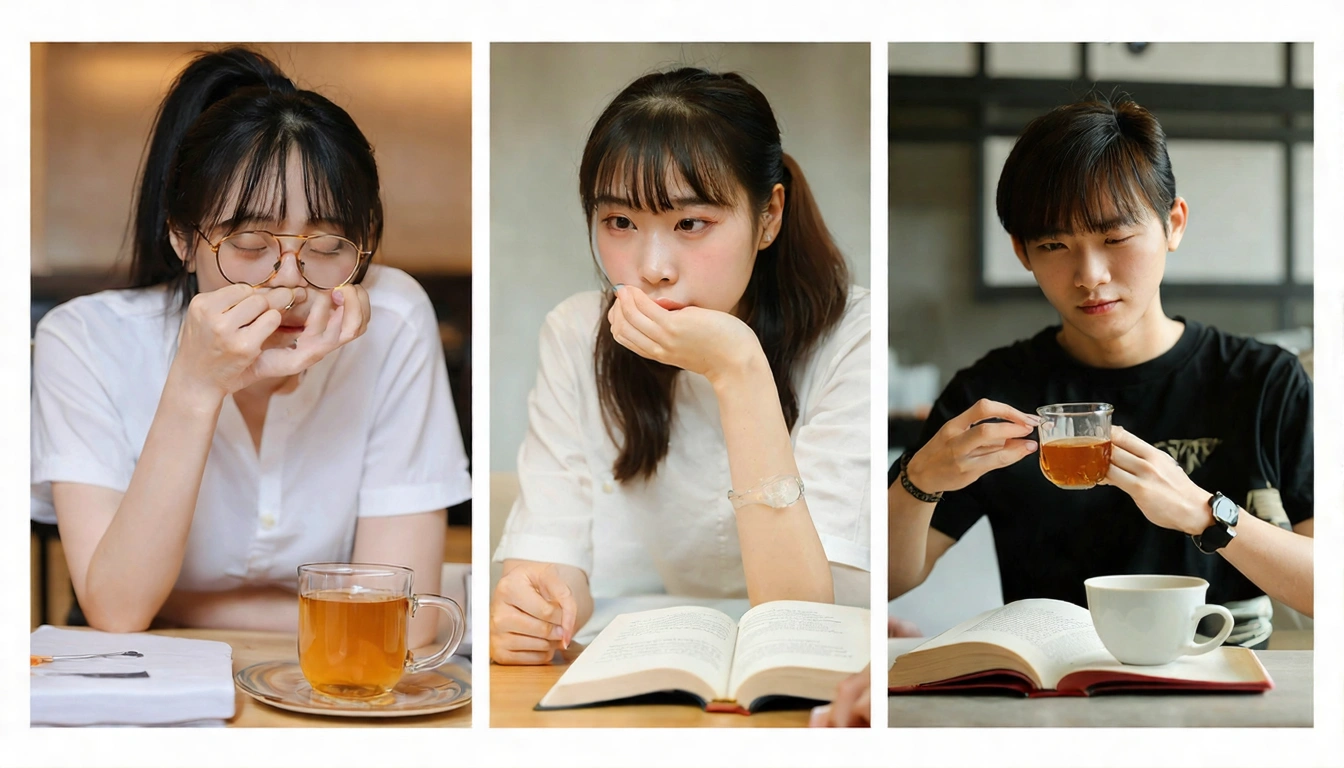 Various people enjoying Sijichun in different settings: office worker, tea beginner, post-workout hydration, cozy home reading