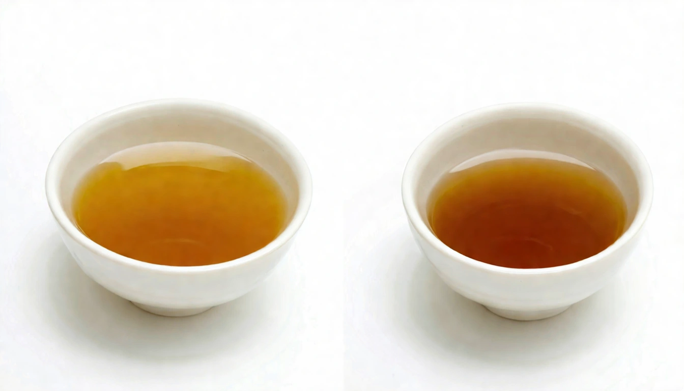 春茶與冬茶茶湯顏色並排比較,兩個白瓷茶杯盛裝同款烏龍茶的春季茶湯(淡金黃透亮)和冬季茶湯(深金琥珀),清楚展示季節對茶湯顏色的影響