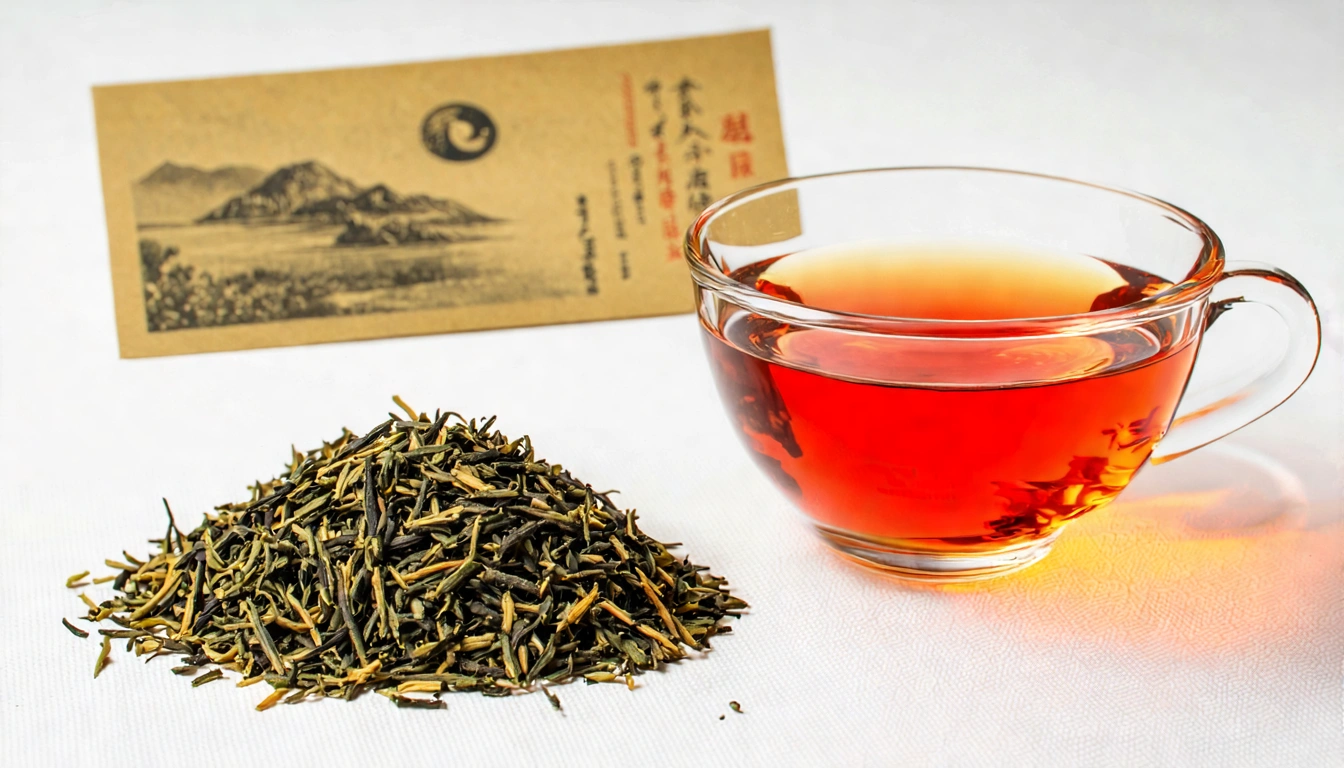 Close-up of TTES No.18 Ruby — golden-tipped buds, bright orange-red liquor, with Sun Moon Lake postcard in background