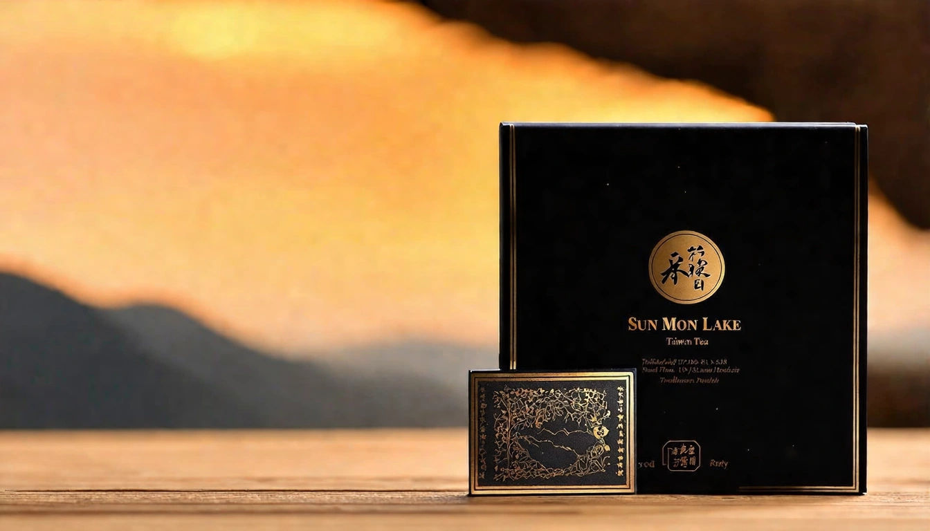 Sun Moon Lake black tea souvenir gift box display with TTES No.18 info card on wooden table, blurred Sun Moon Lake scenery in background