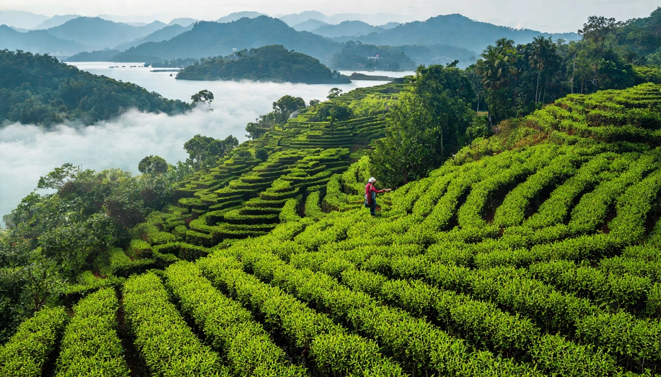 Sun Moon Lake tea region landscape — aerial view of Yuchi Township tea terraces with Sun Moon Lake mountains in background, tea farmer picking leaves