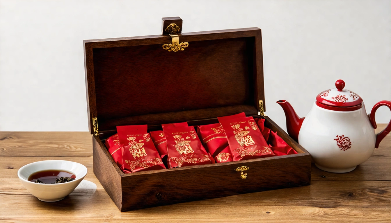 Premium Taiwan black tea gift box display with Ruby and Honey black tea in elegant wooden box alongside tea set