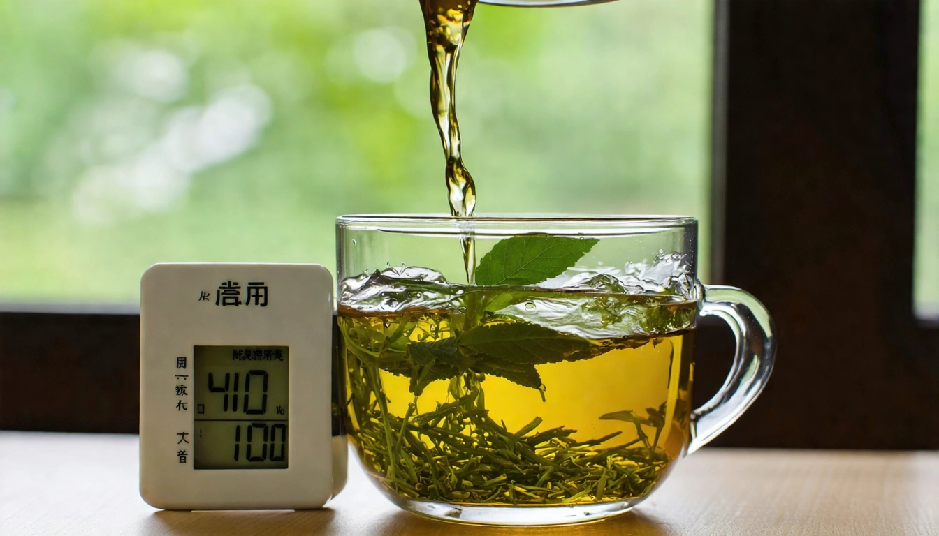Proper Taiwan green tea brewing scene with 70°C water, Sanxia Bi Luo Chun leaves unfurling, thermometer visible, golden clear liquor