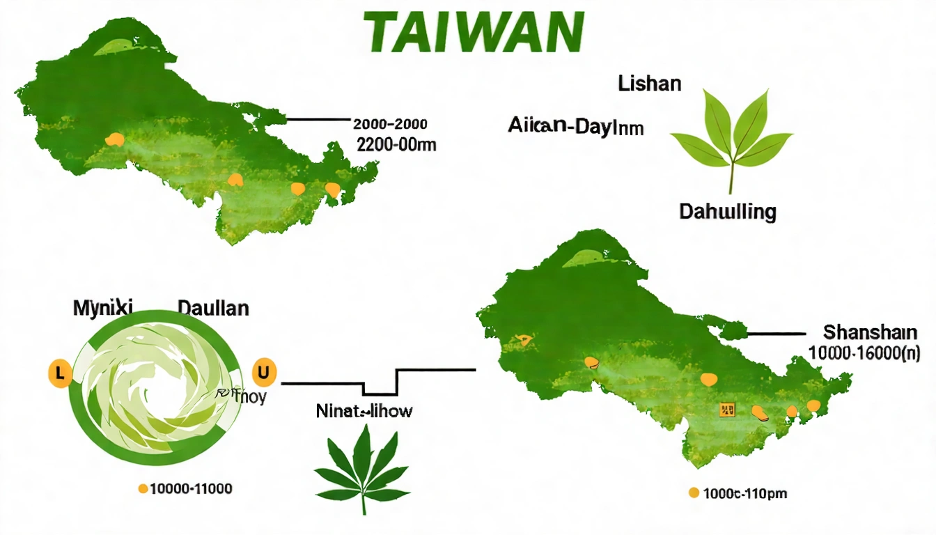 台灣四大頂級茶區地圖,標示梨山、大禹嶺、杉林溪(南投)、阿里山(嘉義)的位置與海拔