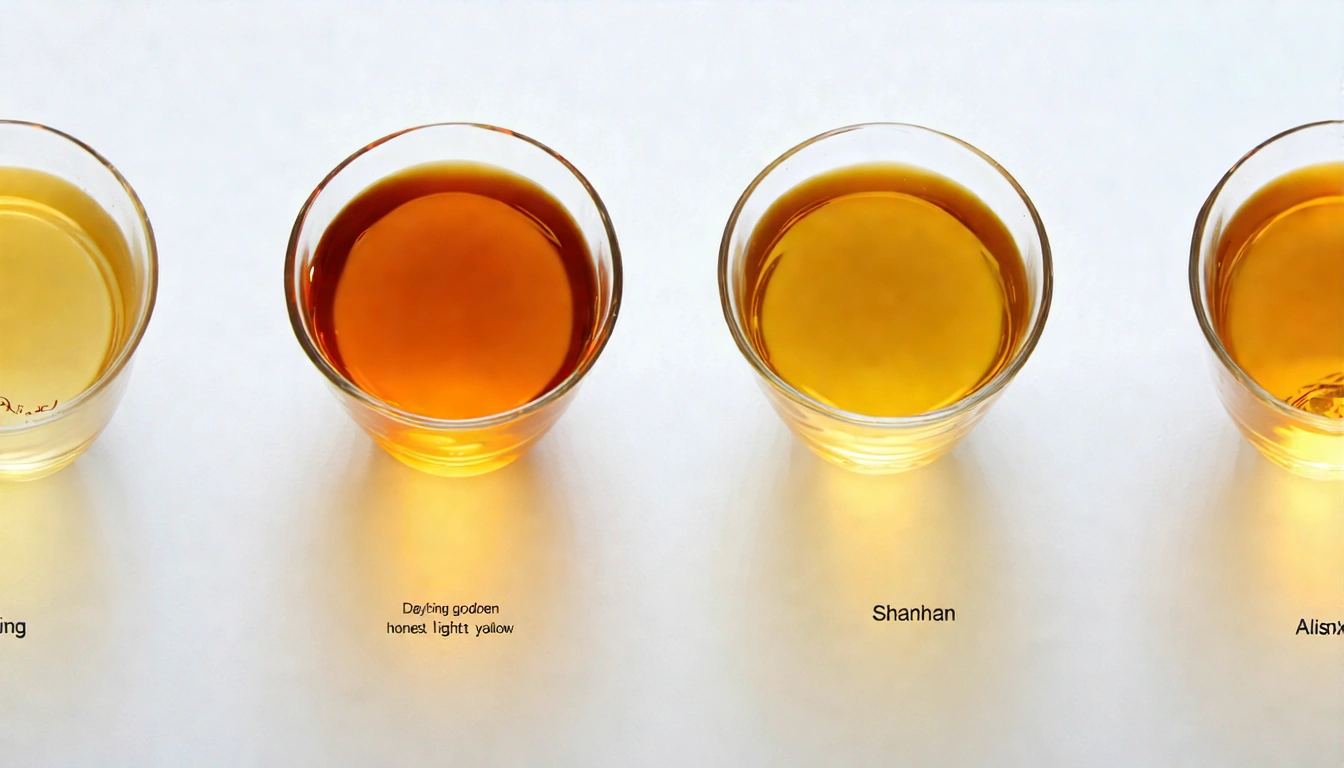 四大茶區茶湯顏色比對圖,由左至右:大禹嶺(最淡金黃透明)、梨山(淡金黃)、杉林溪(蜜黃)、阿里山(金黃),四杯茶湯排排站,透光展示顏色差異
