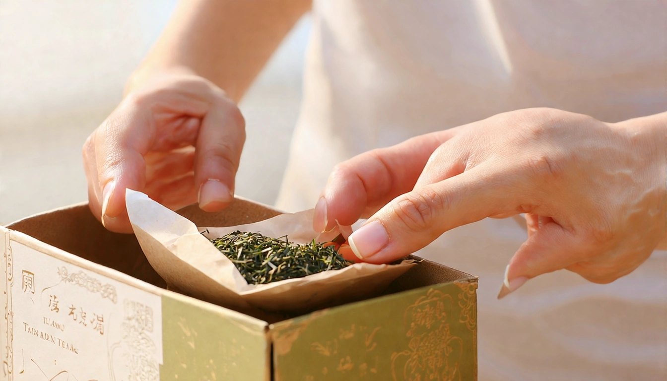 外國友人接受台灣茶伴手禮的場景，手部特寫（外國人手）拿著金萱烏龍茶包，打開茶包聞香的動作，旁邊的台灣茶禮盒精緻包裝，暖色自然光