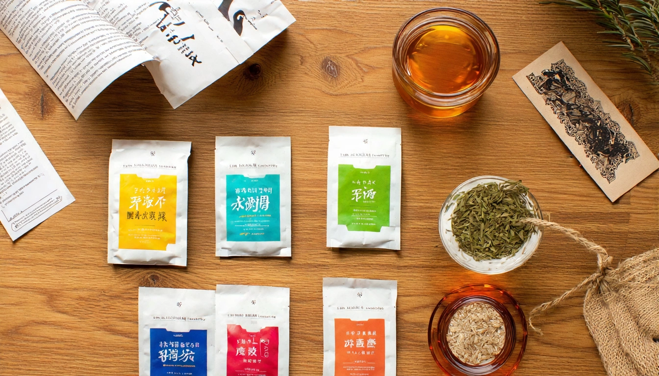 俯視角的台灣茶伴手禮準備場景：木質桌面上排列幾款不同的台灣茶包（金萱、東方美人、日月潭紅茶、蜜香紅茶），旁邊有英文小卡說明，等待裝進精緻提袋，出發前準備的儀式感