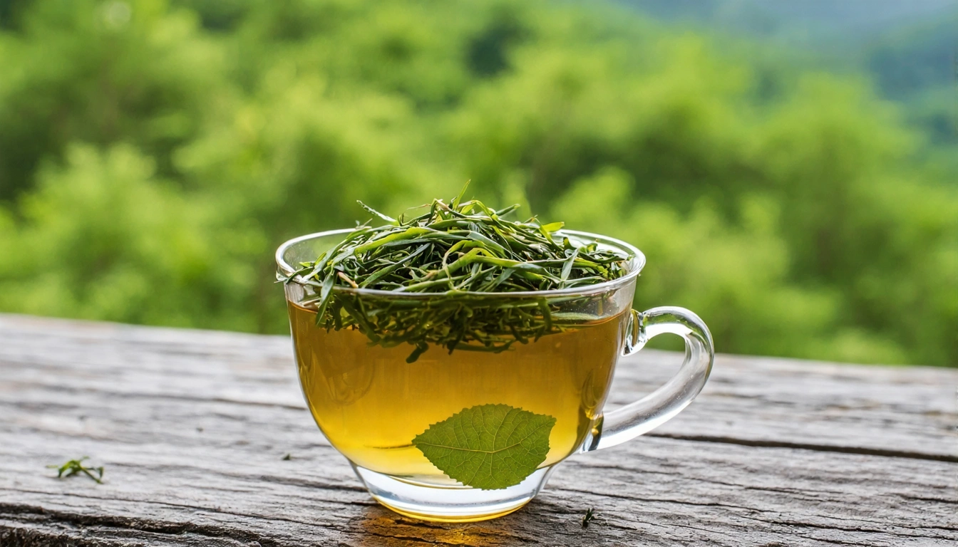 文山包種茶條索形茶葉特寫，翠綠緊結的條索形乾茶，旁邊是清透淡黃的茶湯，配上坪林茶區的自然環境照片