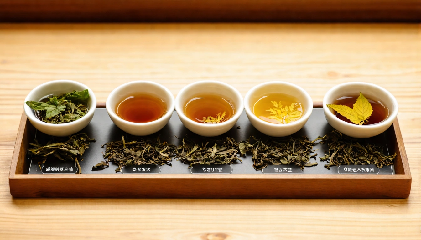 台灣特色茶選購比較場景，木質茶盤上擺著四款特色茶的乾茶和小茶杯，鐵觀音深褐色、文山包種茶翠綠、東方美人茶五色茶葉、貴妃茶金黃，標籤清晰標示各茶名