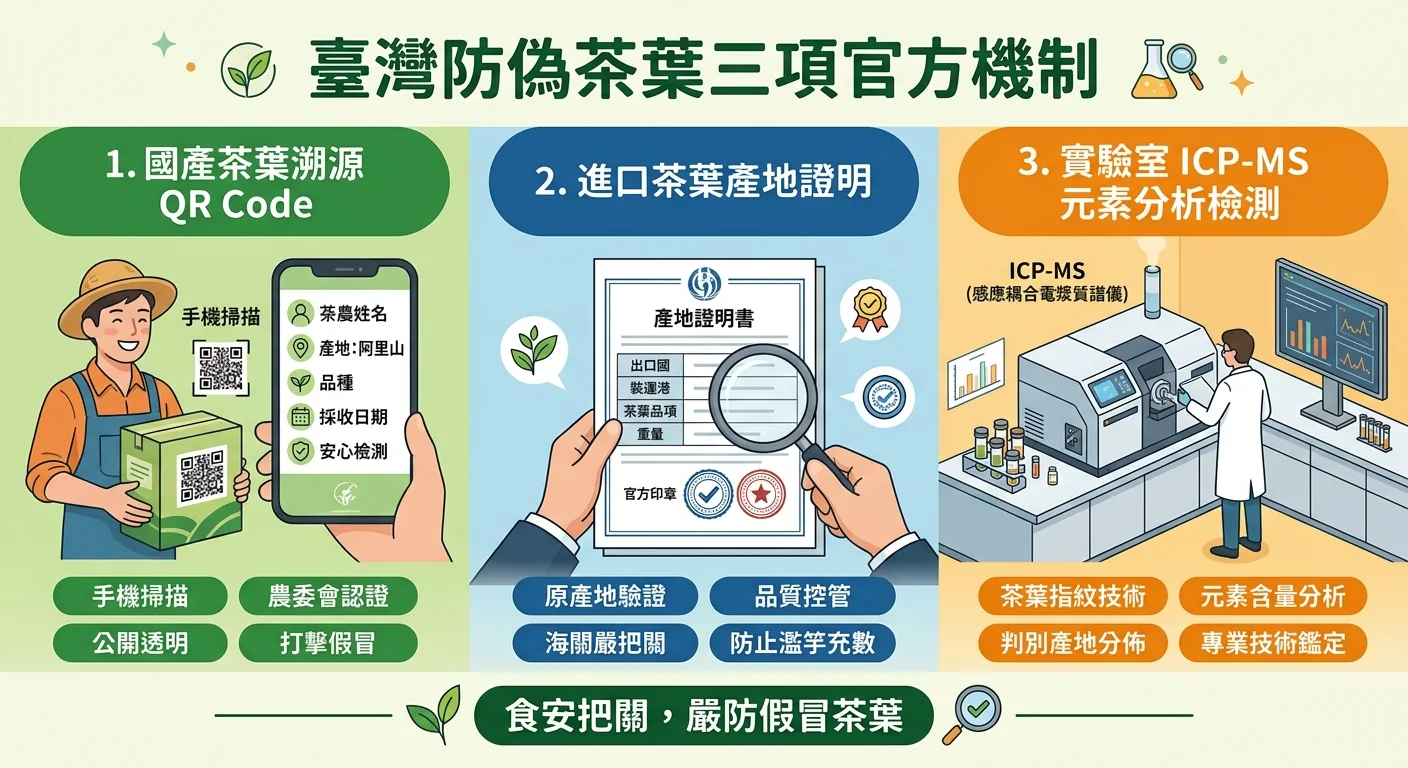 台灣防茶葉混充三道官方機制資訊圖，三個區塊並排：國產茶溯源 QR、進口茶產地證明文件、實驗室 ICP-MS 元素檢驗儀器，搭配對應的主管機關與簡短說明，清晰的教育性版面