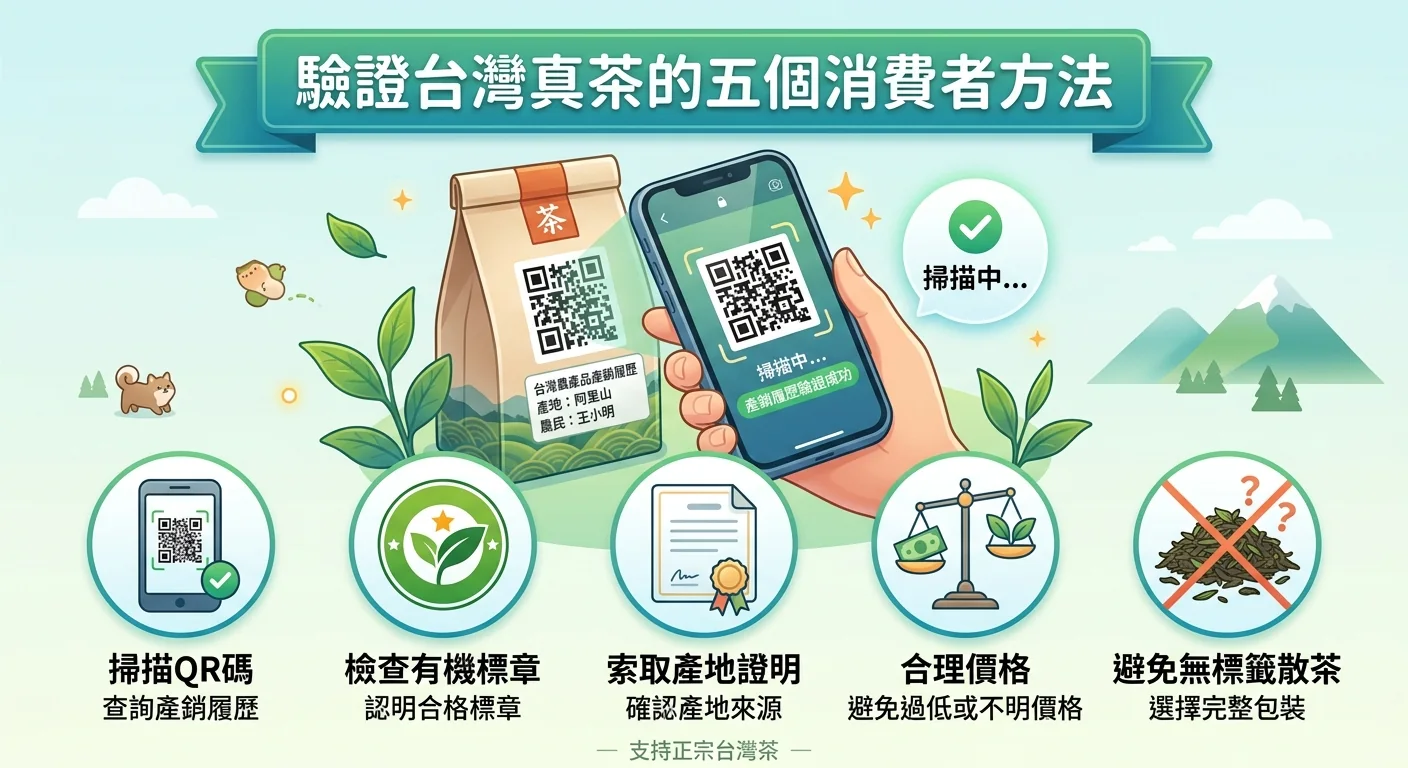 消費者辨別真假台灣茶 5 個方法圖解，一隻手拿手機掃描茶葉包裝上的溯源 QR Code，旁邊以圖示列出掃碼、認有機標章、問產地證明、看合理價格、避開散裝茶等要點