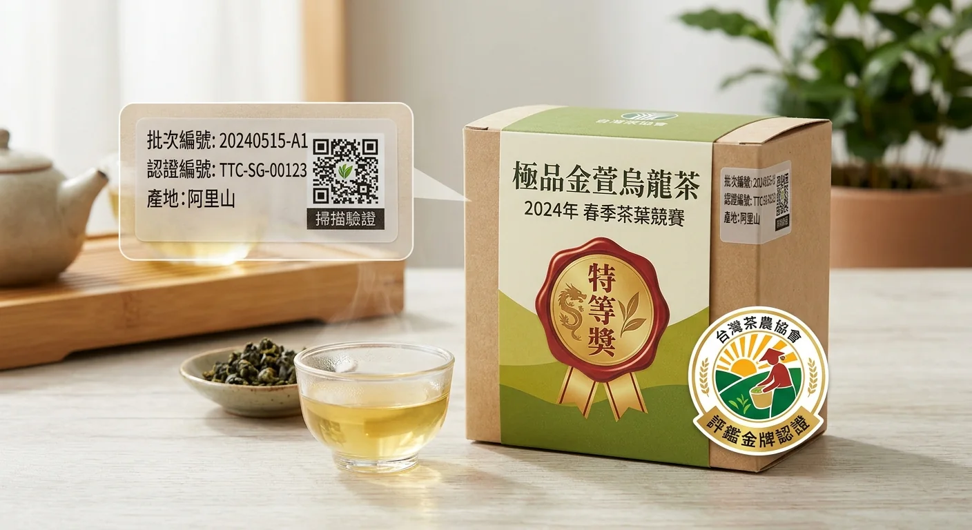 比賽茶與產地標章可查證保證視覺，一個比賽茶包裝盒上印有得獎批次編號標籤與農會競賽標章，旁邊放著一杯茶湯，傳達「得獎可查、批次可溯」的正規保證感