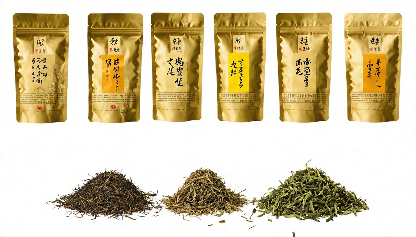 10款台灣茶包並排展示,包含烏龍、金萱、蜜香紅茶、四季春、茉莉綠茶系列,標示茶種名稱與特色關鍵字,背景清爽淡雅,整體版面俐落