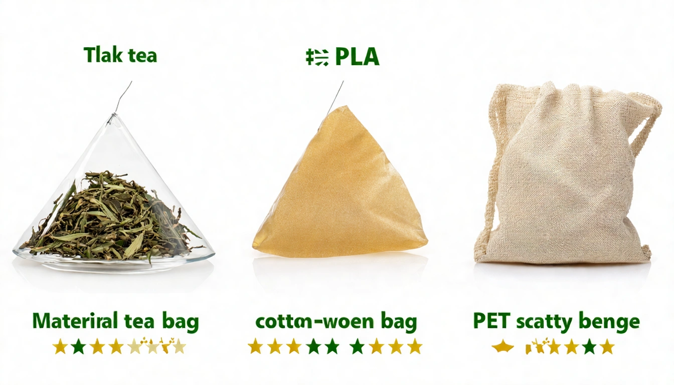 三種茶包材質並排比較圖,由左至右:PLA玉米纖維三角茶包(透明、可見茶葉展開)、棉布袋(米白色、傳統感)、PET不織布平袋(密封、快速出湯),每款下方標示材質、安全等級(星星評分)、建議用途