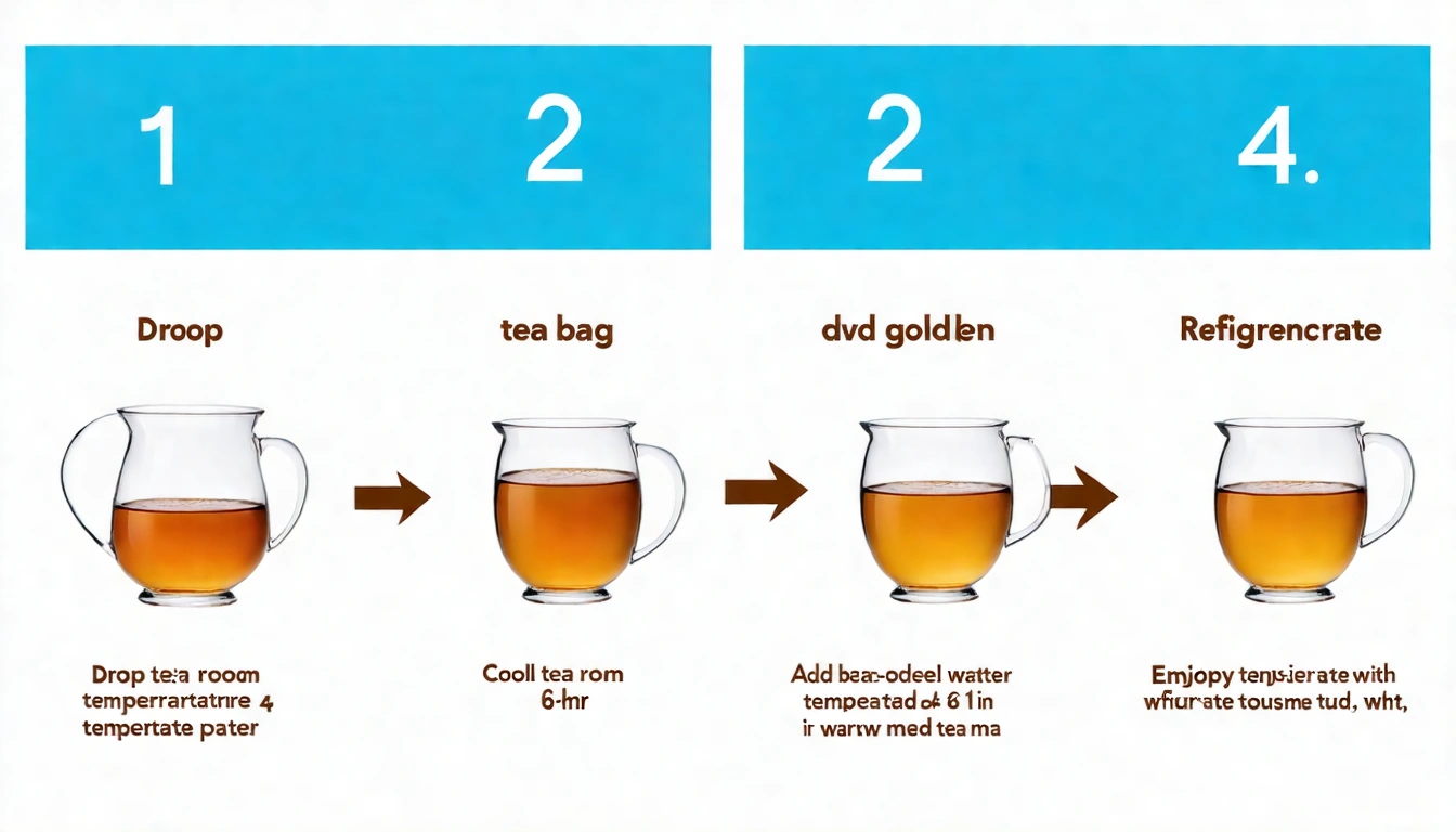 冷泡茶包製作四步驟圖解,橫向排列:①投茶包入玻璃冷水壺(茶包圖示)②加入常溫清水(水流圖示)③放入冰箱冷藏(冰箱圖示+6-8hr文字)④取出享用(清澈茶湯、茶杯圖示),步驟間以箭頭連接,配色清爽淺藍與茶褐色