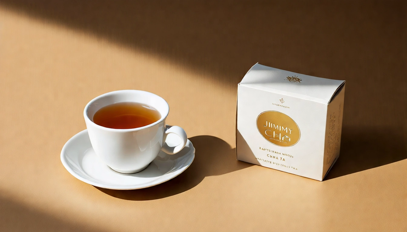 茶研所品牌收尾意象圖,精美原葉茶包禮盒與白瓷茶杯並排,茶湯金黃,背景暖米色,左側「茶研所 嚴選台灣好茶」字樣,整體溫潤高質感