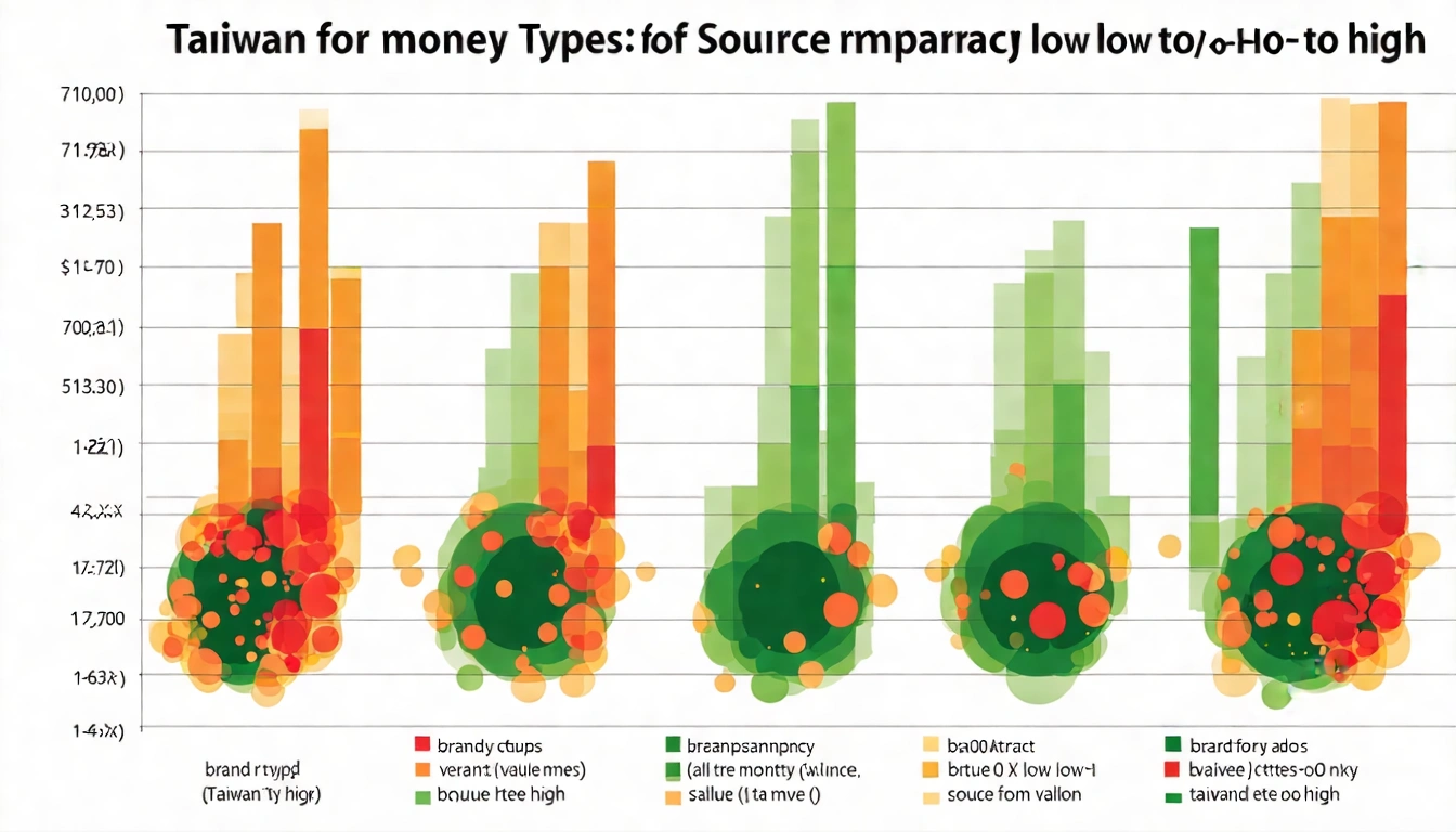六種台灣茶品牌類型的散佈圖比較，橫軸是CP值（低→高），縱軸是來源透明度（低→高），每種品牌類型用不同顏色圓點標示位置，展示各類型的優勢差異