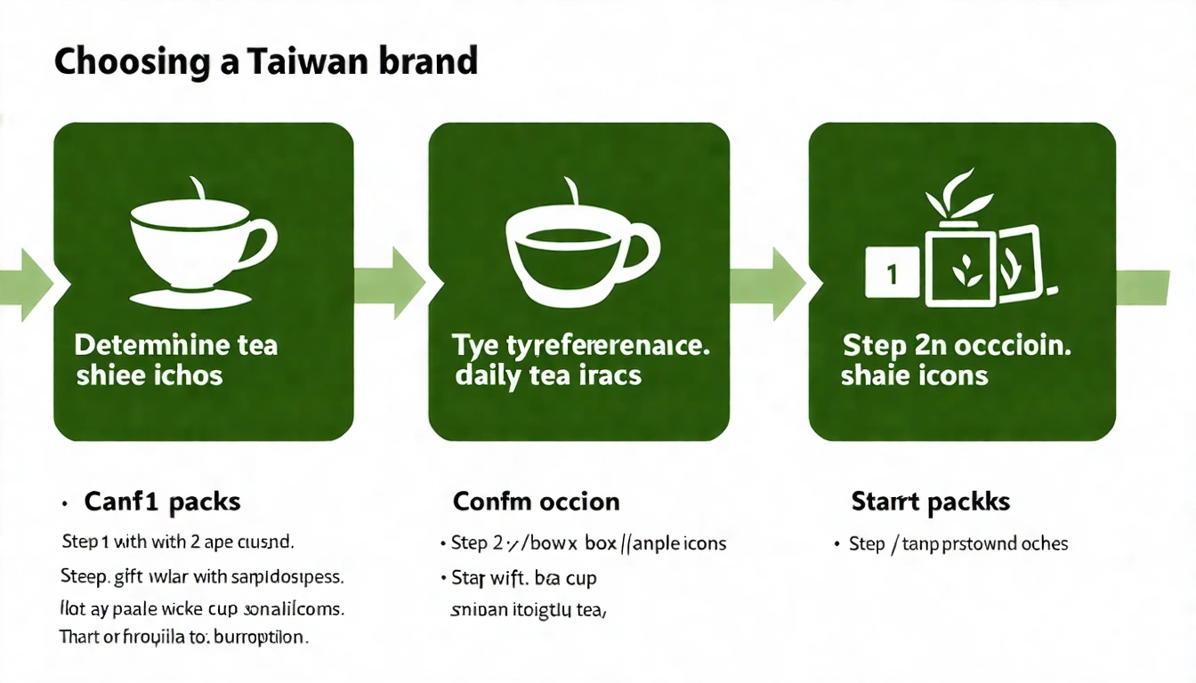 三步驟選品牌流程圖：步驟1確認茶款偏好（茶葉圖示）→步驟2確認使用場合（禮盒/茶杯圖示）→步驟3試茶包入門（小茶包圖示），每個步驟有說明文字，流程清晰直觀