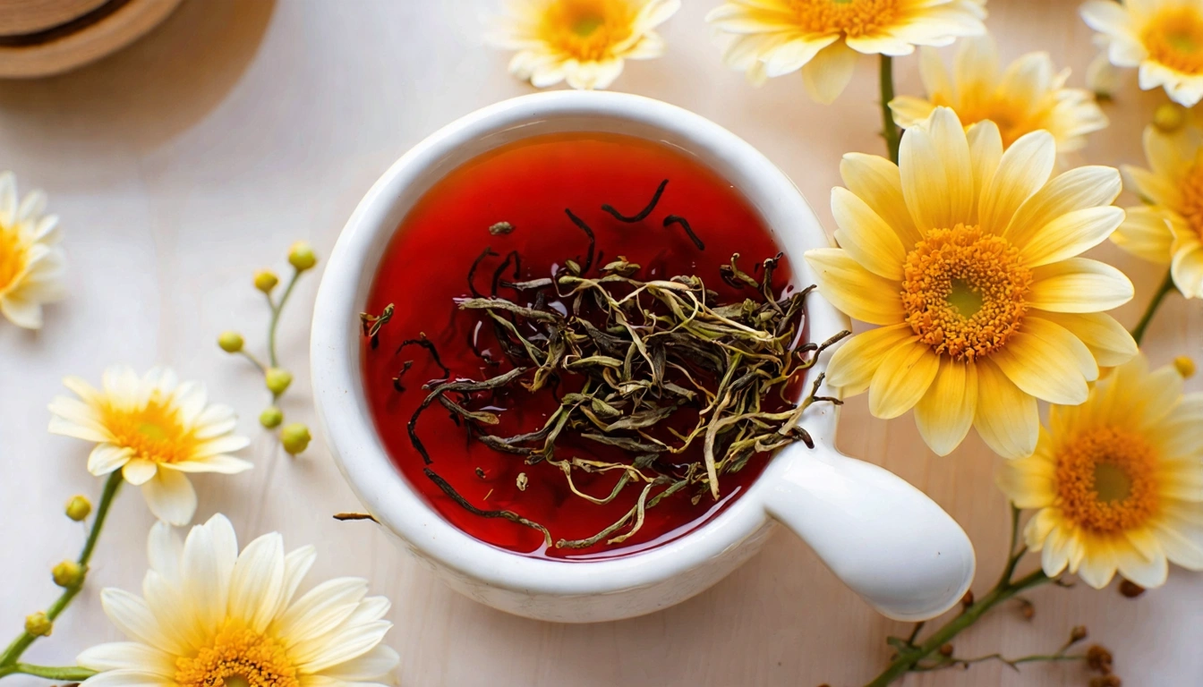 台灣蜜香紅茶沖泡場景,條索形茶葉在白瓷壺中注入熱水,茶湯呈現溫潤的琥珀紅色,旁邊有蜜糖色系的插花裝飾,呼應蜜香主題