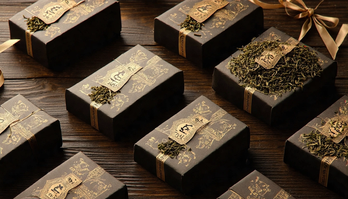 Beautiful Taiwan tea gift boxes arranged on wooden surface, premium packaging with tea leaves visible, gift-worthy presentation suitable for souvenirs or corporate gifts