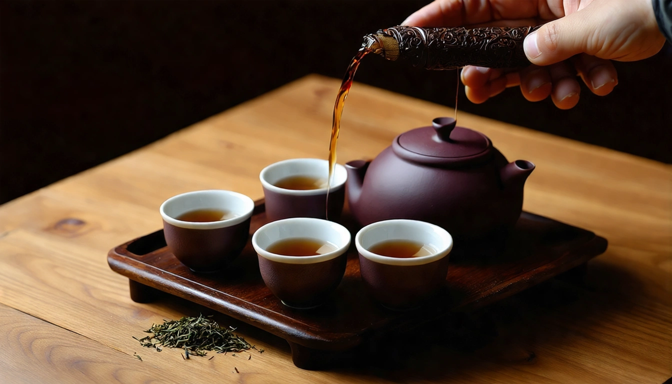 Taiwan gongfu tea ceremony setup with traditional clay teapot, small ceramic cups, wooden tea tray with tea leaves, authentic traditional tea appreciation setting