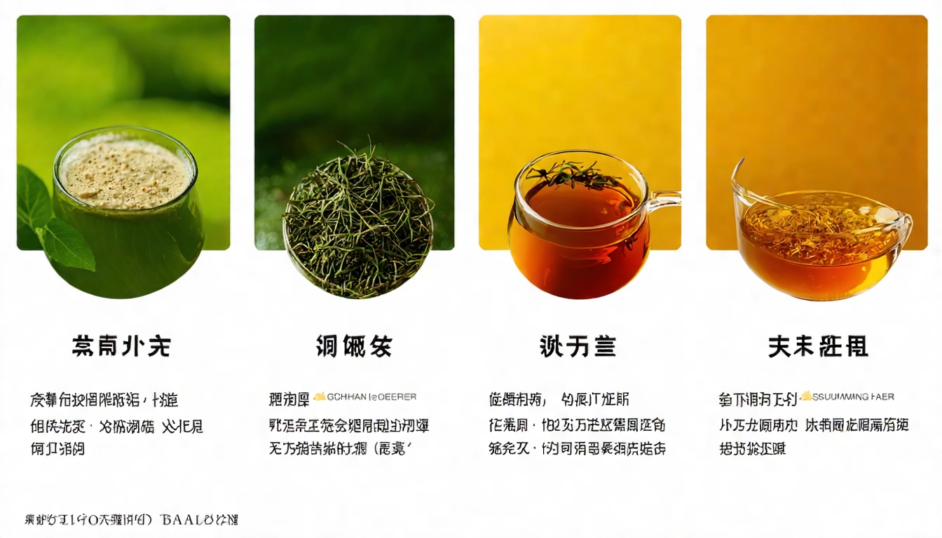 四季飲茶指南視覺圖，四個季節各代表的茶款：春天文山包種茶（翠綠春色）、夏天四季春冷泡（清透冰涼）、秋天高山烏龍（金黃秋意）、冬天蜜香紅茶（深琥珀暖色），四格構圖